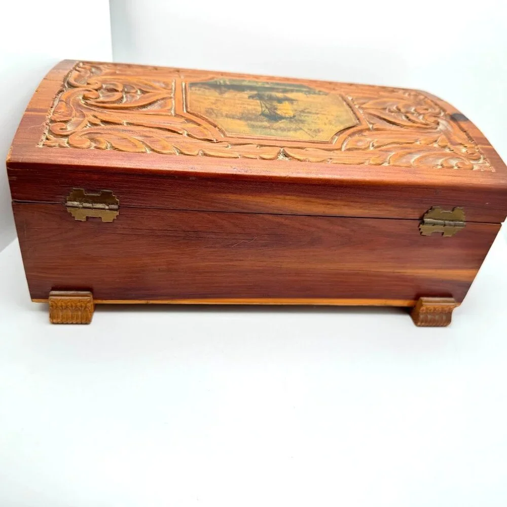 Vtg 1950s Hand-Carved Cedar Wood Jewelry Box Mirror Windmill Footed Base